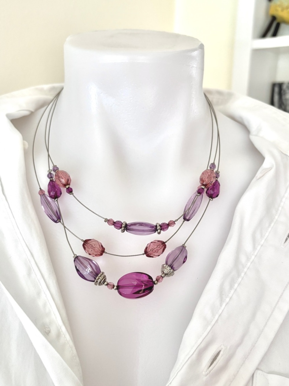 Layered 3 strand metal wire illusion floating necklace pink purple clear beads